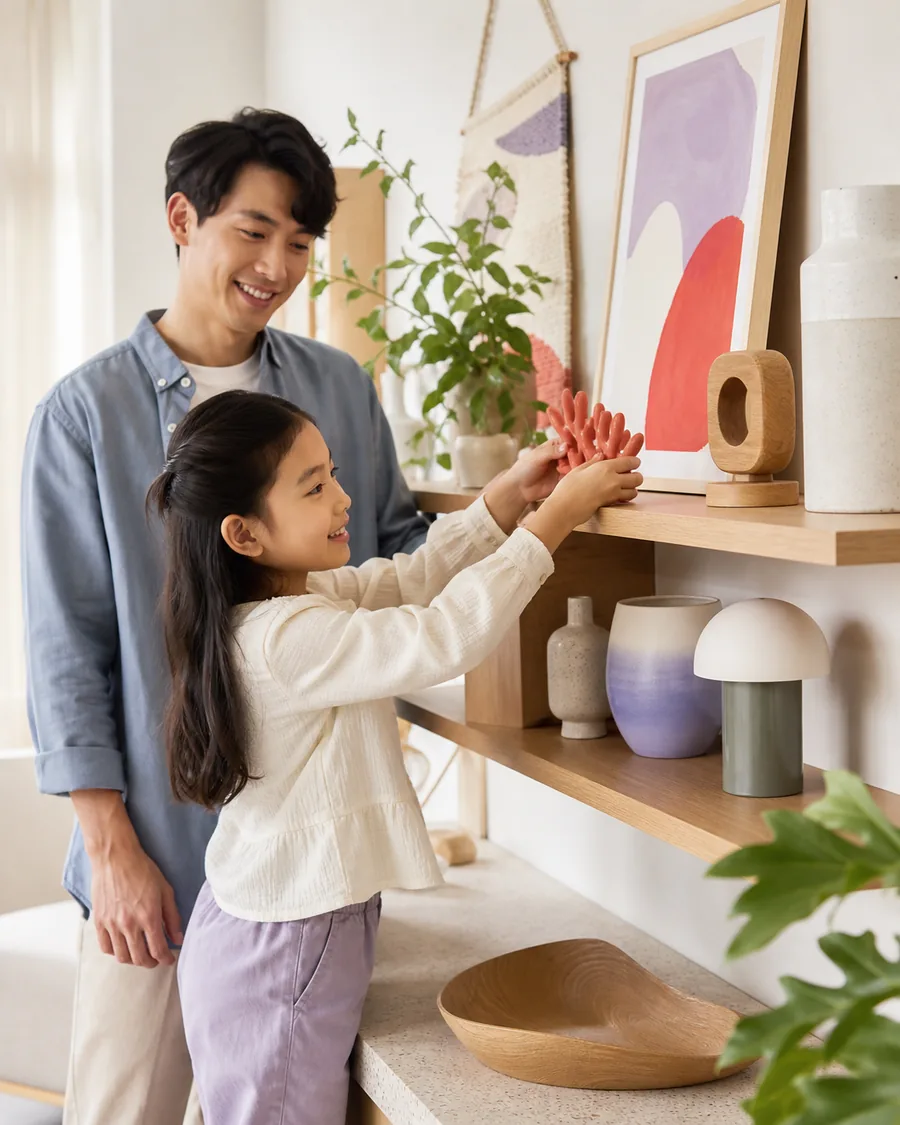 A father and daughter arranging colorful objects on a bright home shelf