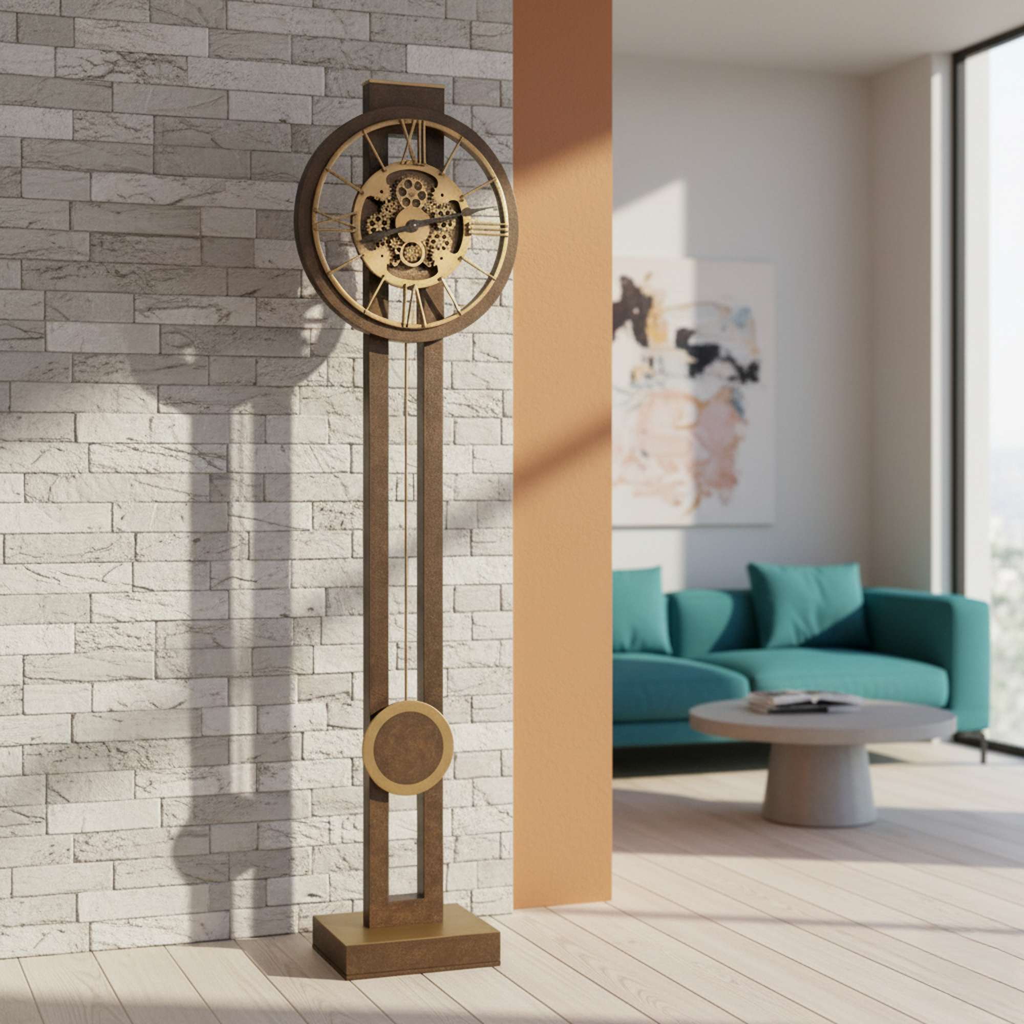 Charcoal Black Gold-Gear Floor Clock