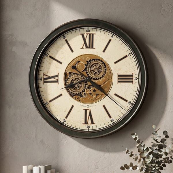 Worn Black Moving-Gear Wall Clock