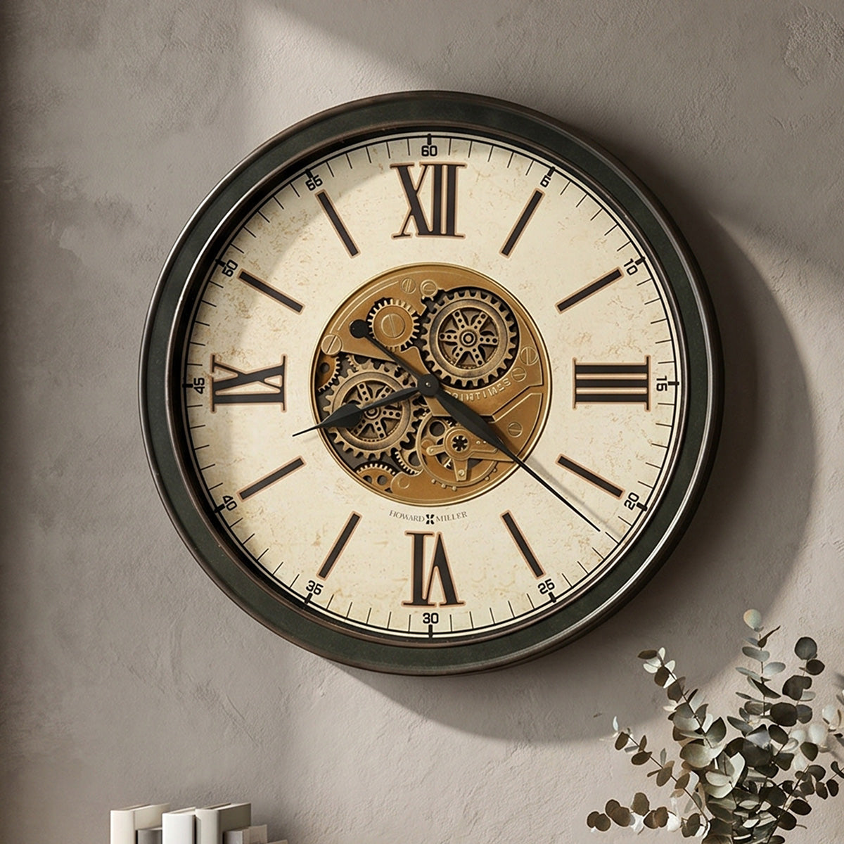 Worn Black Moving-Gear Wall Clock