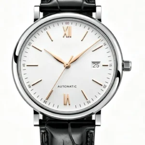 White-Dial Automatic Watch with Black Leather Strap — view 1