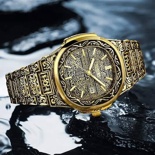 Gold-Tone Patterned Watch with Metal Bracelet