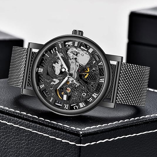 Black Openwork Watch with Mesh Bracelet