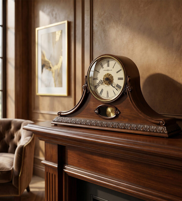 Cherry Wood Mantel Clock with Leaf Detail