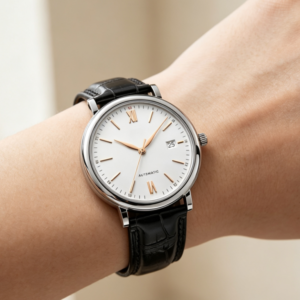 White-Dial Automatic Watch with Black Leather Strap — view 2