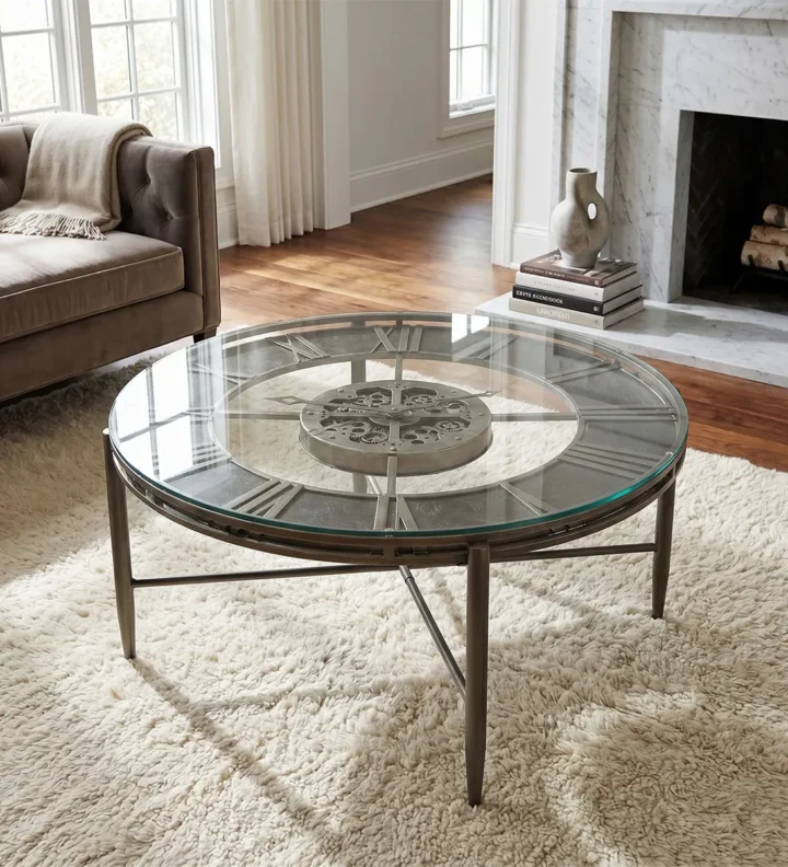 Aged Silver Glass-Top Clock Table