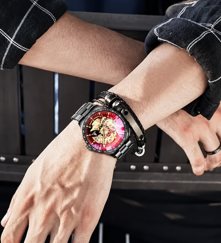 Black and Red Openwork Watch with Steel Bracelet