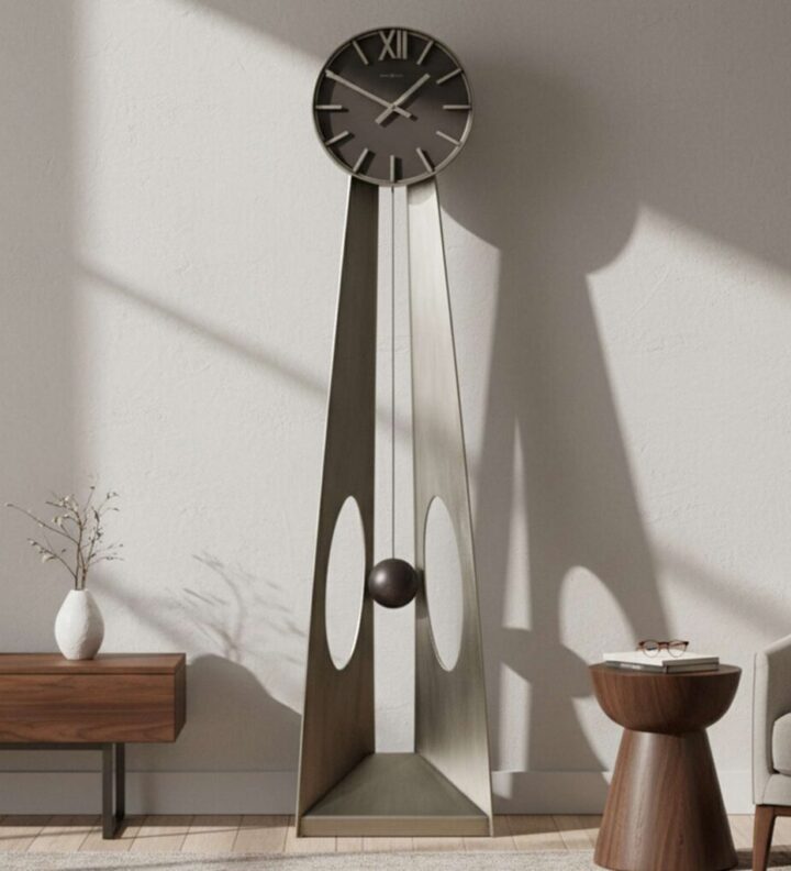 Sculptural Silver Pendulum Floor Clock